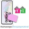 A smartphone screen protector kit with cleaning wipes and a microfiber cloth, shown next to a smartphone. Produktbild-Vorschau