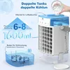 A hand is pouring water into the top tank of a portable air cooler, with various features highlighted with text and graphics. Produktbild-Vorschau