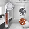 A showerhead with internal filtration components is shown against a blurred bathroom background, with close-ups of the filtration materials. Produktbild-Vorschau