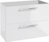 A white, high-gloss bathroom cabinet with two drawers and chrome handles, shown from the front on a white background. Produktbild-Vorschau