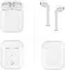 A collage of four images showing white wireless earbuds and their charging case from different angles. Produktbild-Vorschau