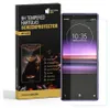 A product box for a screen protector is shown next to a smartphone with the screen protector applied. Produktbild-Vorschau