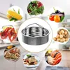 A collage of images showcasing a stainless steel steamer basket surrounded by various food items that can be cooked in it, such as corn, salad, vegetables, lobsters, potatoes, and cooked fish and crab. Produktbild-Vorschau