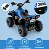 A blue electric quad bike for children, with icons and text highlighting its features. Produktbild-Vorschau