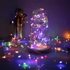 A string of colorful LED lights is coiled inside a glass dome on a wooden base, with more lights scattered around the surface. Produktbild-Vorschau
