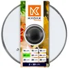 A glass pot lid with a black handle, displayed with a marketing label showing food ingredients and size options. Voir les images du produit