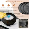 A person in a yellow glove is cleaning a grill plate with a blue brush and soap suds. The image also shows a close-up of grill plates and a grill plate in a dishwasher. Náhled obrázku produktu