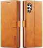 A brown leather phone case is shown open, displaying the inside and the camera cutout on the back. Produktbild-Vorschau
