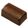 A single chocolate praline with embossed text on a white background. Produktbild-Vorschau