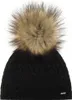 A black knitted hat with a large brown fur pom-pom on top, shown against a white background. Produktbild-Vorschau
