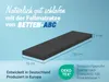 A folded mattress is shown with dimensions and certifications. Produktbild-Vorschau