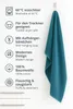 A teal towel is hanging on a hook next to a wall with a cabinet below. To the left of the towel, there are icons and text describing the product's features. Produktbild-Vorschau