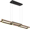 A modern rectangular pendant light fixture with wood and black accents, suspended by thin wires against a white background. Produktbild-Vorschau