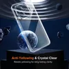 A clear phone case is shown in a space-themed setting with planets and asteroids. Text highlights the case's anti-yellowing and crystal clear properties. Náhľad obrázku produktu
