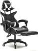 A black and white gaming chair with a footrest, shown from a side-angle against a white background. Produktbild-Vorschau