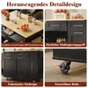 A collage of four images showcasing different details of a black kitchen island/servierwagen. Produktbild-Vorschau