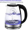 A glass electric kettle with blue LED lighting at the base, filled with water that is boiling and splashing. Produktbild-Vorschau
