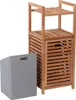 A wooden bathroom shelf unit and a gray fabric laundry basket are shown against a white background. Produktbild-Vorschau
