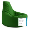 A green beanbag chair is shown against a white background with a rating badge. Produktbild-Vorschau