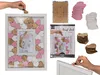A collage of images showing a guest book frame with heart-shaped wooden pieces, a product package, and stacks of heart-shaped pieces. Produktbild-Vorschau