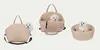 Three different views of a beige dog carrier bag and a dog bed, each containing a small white dog. Produktbild-Vorschau