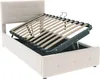 A beige upholstered bed frame with the mattress support mechanism lifted to reveal the storage space underneath. Produktbild-Vorschau