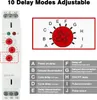 A marketing image showing a multi-function delay relay with a dial for selecting delay modes and a legend explaining the modes. Voir les images du produit