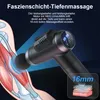 A massage gun is shown being used on a diagram of arm muscles, with text overlays highlighting features. Produktbild-Vorschau