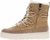 A side view of a tan winter boot with white fur trim and tan laces. Produktbild-Vorschau