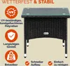 A black polyrattan garden table with a glass top, surrounded by marketing icons and text highlighting its features. Produktbild-Vorschau