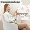 A woman is sitting in a white office chair and holding a tablet. The chair has an ergonomic design with lumbar support. A close-up inset shows a diagram of the spine and how the chair supports it. Produktbild-Vorschau