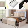 A collage of images showing a bed frame with LED lighting, a close-up of the drawer mechanism, and a detail of the bed frame construction. Produktbild-Vorschau