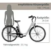 A silhouette of a person standing next to an electric bicycle, with text overlays indicating recommended body size and wheel size. Produktbild-Vorschau