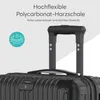 Close-up of a black suitcase handle and part of the body, with marketing text and an icon. Produktbild-Vorschau