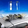 A ski and snowboard rack mounted on a car roof, with snowy mountains in the background. Produktbild-Vorschau
