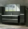 A modern black bathroom vanity set with a sink, mirror, and cabinets against a textured gray wall. Produktbild-Vorschau