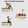 A collage of three images showing different exercises performed on a multi-functional fitness bench. Náhľad obrázku produktu