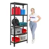 A woman stands next to a black metal shelving unit filled with various items, including red and blue containers, a coiled hose, toolboxes, storage bins, and a bucket. The background is white. Produktbild-Vorschau