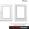 Two white windows are shown side-by-side against a white background, with text below describing their functionality. Produktbild-Vorschau