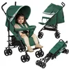 A collage of images showing a green baby stroller with a child in it, a separate view of the stroller, and a folded stroller. Produktbild-Vorschau