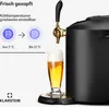 A black beer dispenser with a golden tap is shown, with a glass of beer being poured. Text and icons describe the cooling temperature range. Produktbild-Vorschau