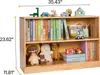 A wooden bookshelf filled with books and toys, with dimensions indicated. Podgląd zdjęcia produktu
