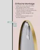 Instructions for mounting a mirror on a wall, showing a wall plug and a measurement. Produktbild-Vorschau