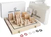 A wooden board game with wooden pieces, a box, and a fabric bag, presented on a white background. Produktbild-Vorschau