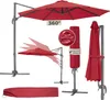 A collage of images showing a red cantilever umbrella and its accessories, including a cover and a demonstration of its rotation. Produktbild-Vorschau