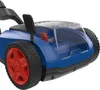 A close-up view of the rear of a blue battery-powered lawnmower with red wheels and a transparent canopy. Podgląd zdjęcia produktu
