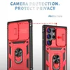 Two red phone cases are shown side-by-side, with arrows indicating the camera protection feature. Produktbild-Vorschau