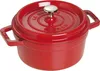 A red enameled cast iron pot with a silver knob on the lid. Produktbild-Vorschau