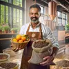 A man in a coffee roastery holding a basket of oranges and a sack of coffee beans. Náhled obrázku produktu