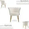 A collage of images showcasing a white armchair with gold legs, accompanied by descriptive text highlighting its comfort and design. Produktbild-Vorschau
